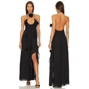 For Love & Lemons Desiree Maxi Dress Halter Rosette Party Cocktail Black Size S